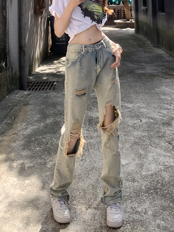 High-Waisted Ripped Straight-Leg Jeans for Men and Women, Vibe Street Style, Trendy ins Hip-Hop Street Style