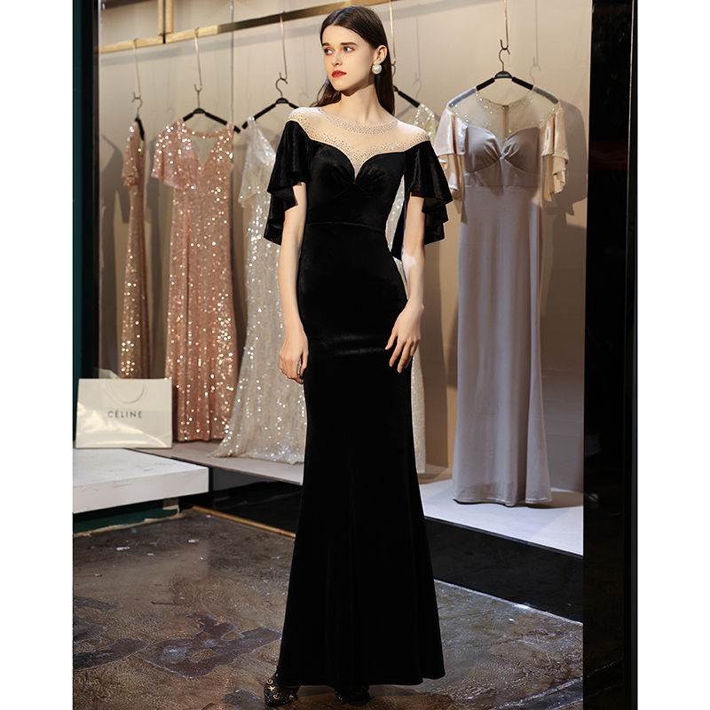 High-End Fishtail Evening Dress Long Gown for Women, Velvet, Elegant and Noble, Suitable for Banquet Hostess, Sophisticated Black Slim-Fit, Suitable for Art Exams
