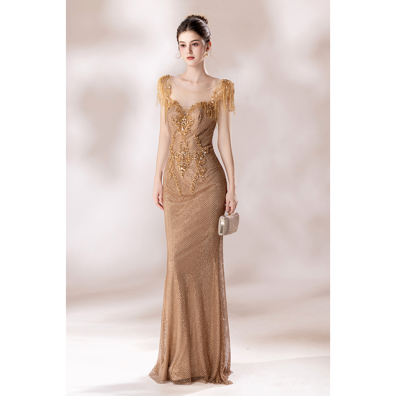 High-End Heavy-Duty Tassel Coffee-Colored Fishtail Evening Dress for Women 2026 New Style, Sophisticated Banquet Style, Elegant Hostess