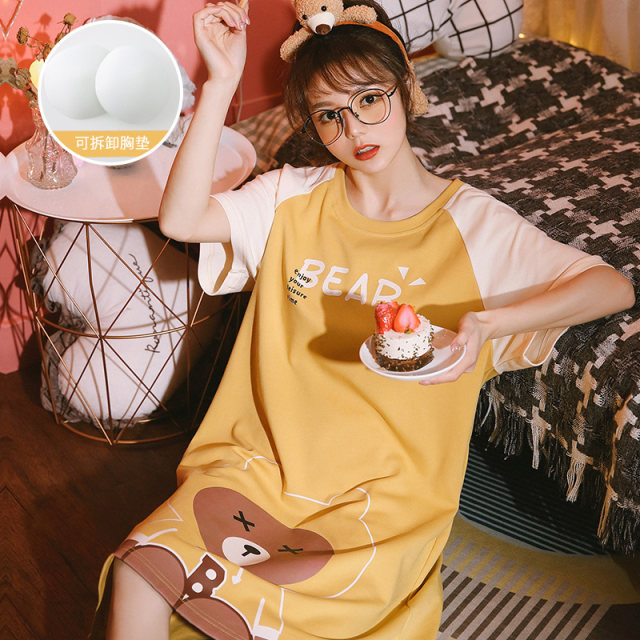 Nightdress with chest pad female summer cotton short-sleeved large size no-wear underwear cartoon female student home service fat MM pajamas