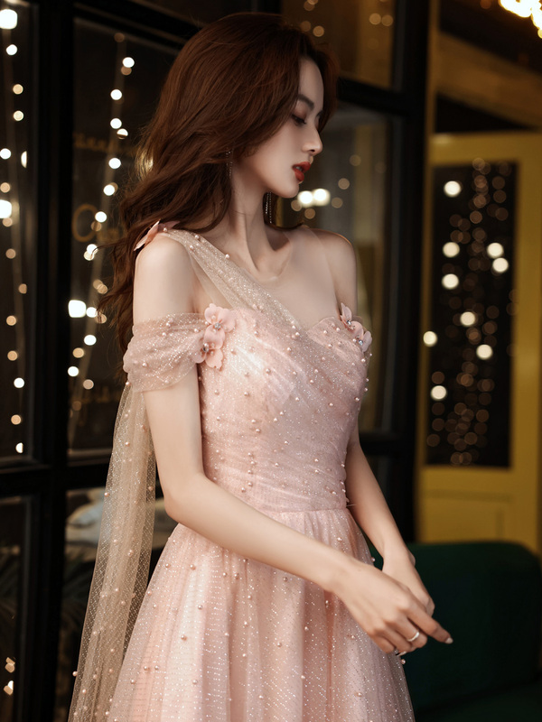 New Pink Pearl Women's Evening Dress for Annual Party, Elegant Birthday Adult Ceremony Fairy-Like Long Graduation Dress