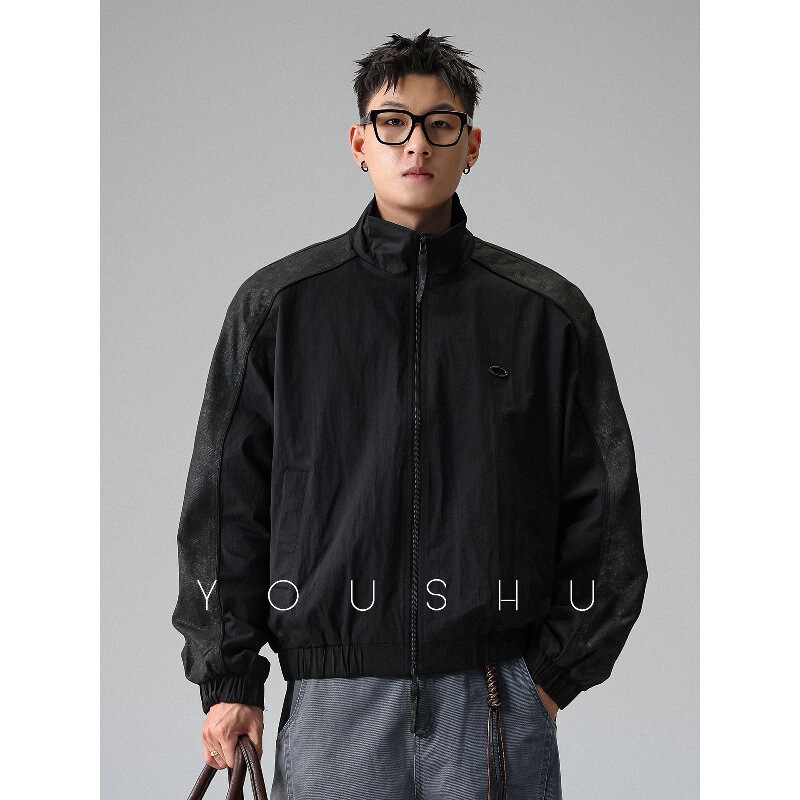 Authentic "Mancai Quiet Realm" American-Style Trendy Brand Patchwork Stand-Collar Jacket for Men, Autumn Season, Loose Fit Casual Outerwear