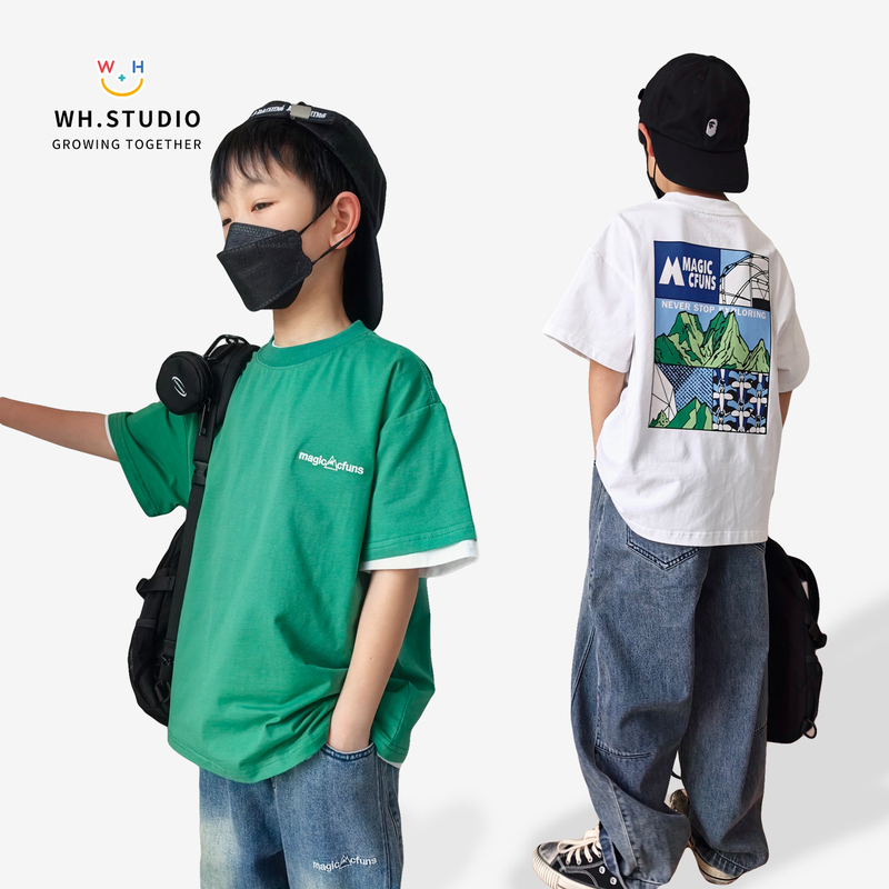 The William Family | Washable and Durable Mountain-Style Outdoor Fresh Graffiti Children's and Teenagers' Sweat-Absorbent and Breathable Cotton Short-Sleeved T-Shirt