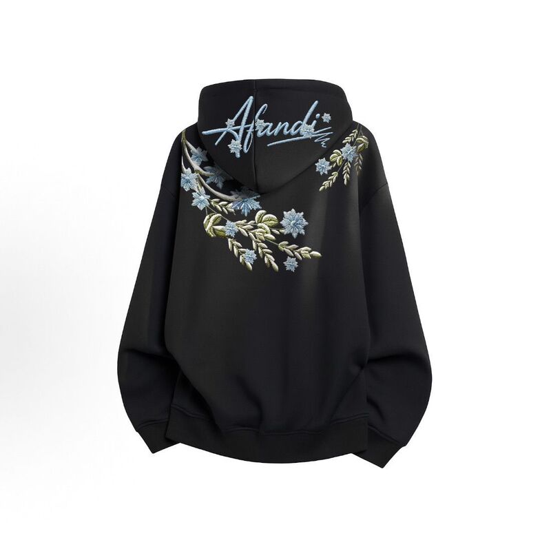 American High Street Style Buttoned Faux-Embroidered Snowflake Plant Handwritten Print Long-Sleeve Hooded Sweatshirt, Unisex