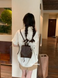 Greenday retro brown small backpack versatile high-end bag mini drawstring backpack soft leather shoulder bag