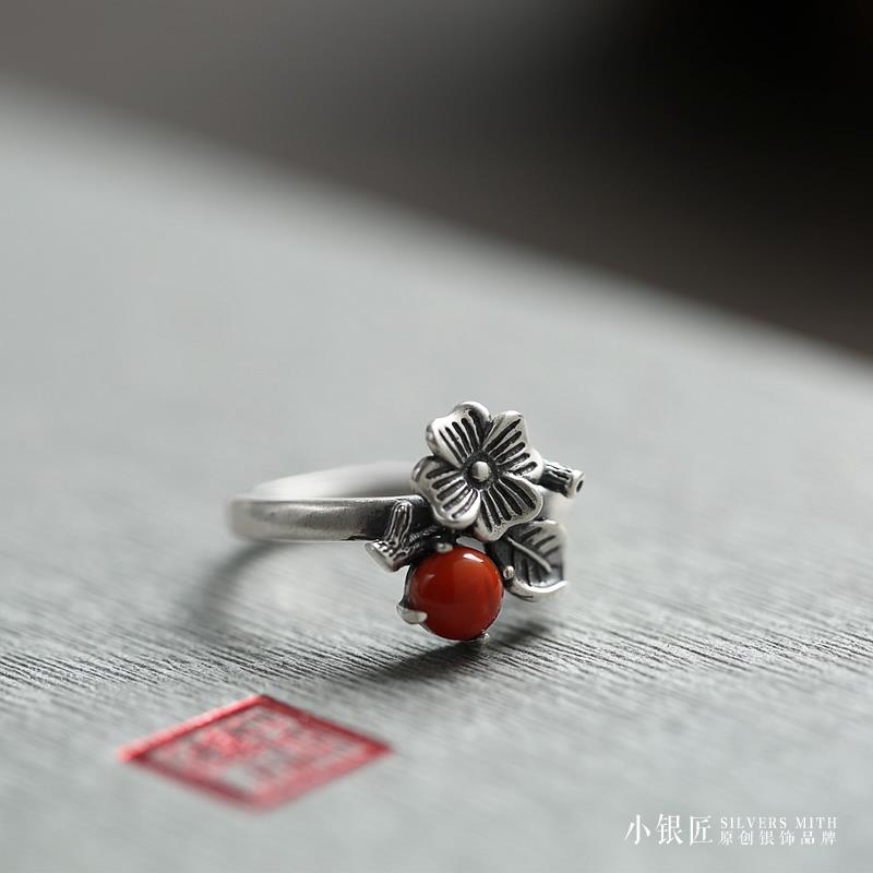 (Huazhi) 925 Sterling Silver Open Ring Female Natural Southern Red Agate Retro Handmade Old Temperament Silver Ring