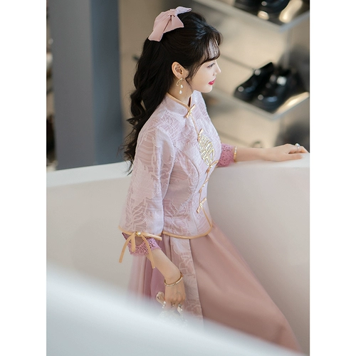 Розовое платье подружки невесты, летнее длинное вечернее платье, юбка, китайский стиль, подходит для подростков, средней длины, премиум класс