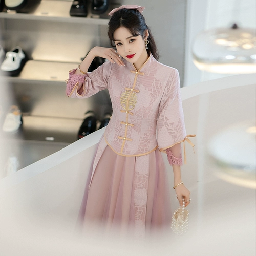 Розовое платье подружки невесты, летнее длинное вечернее платье, юбка, китайский стиль, подходит для подростков, средней длины, премиум класс