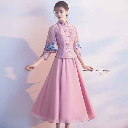 Розовое демисезонное платье подружки невесты, традиционный свадебный наряд Сюхэ, вечернее платье, длинная юбка, 2020, китайский стиль, подходит для подростков, средней длины