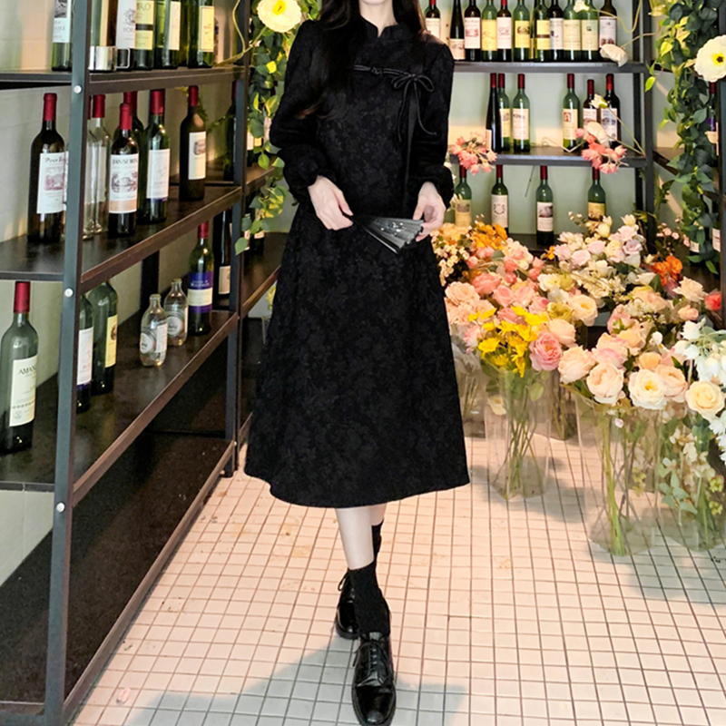 Plus-Size Dark Night New Chinese-Style Improved Cheongsam Dress for Autumn and Winter, Slimming and Tummy-Concealing, Elegant Jacquard Playful Dress for Chubby Girls