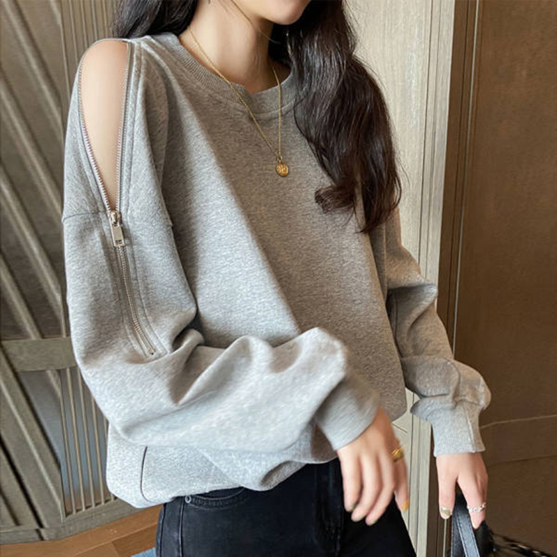 Plus-Size Korean-Style Design Sweatshirt with Zipper Opening Sleeves for Women, Autumn, Loose Fit, Slimming, Versatile Solid Color Top