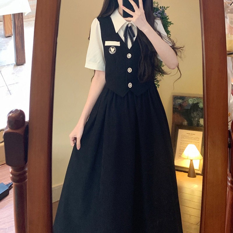 Plus-Size French Preppy Style Two-Piece Dress 2026 Summer New Style for Slightly Chubby Girls, Slimming and Age-Reducing Long Dress