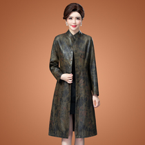 Leather leather womens long 2021 spring and autumn new temperament stand-up collar printing single-breasted sheepskin windbreaker jacket