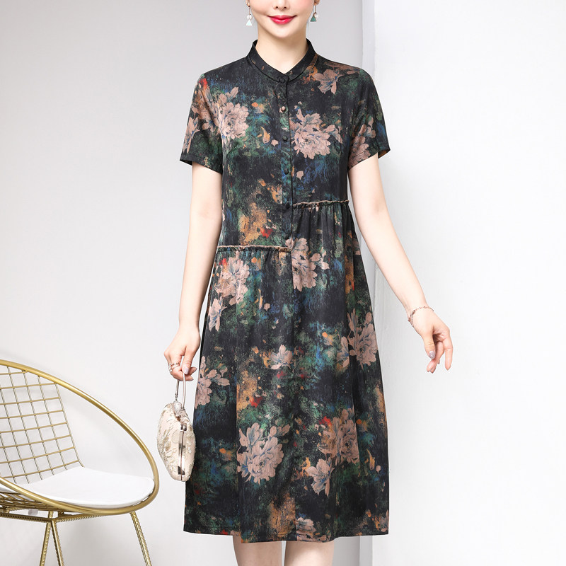 Mother Summer Dress Real Silk Dress Middle-aged Women's Dress Foreign Pie Irregular Big Signs Slim Fashion Temperament Shattresses Dresses