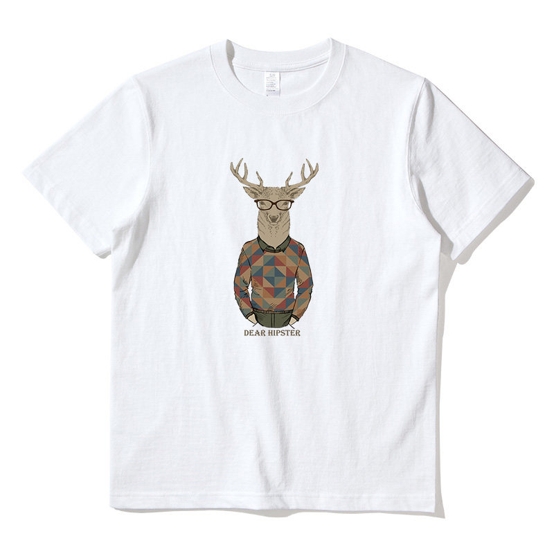 Short sleeve T-shirt male round collar summer pure cotton loose print T-shirt olive green youth personality deer head print heavy t