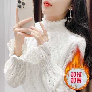 Half turtleneck lace bottoming shirt for women, gauze jacket with sweater, autumn and winter style, velvet and thickened mesh top