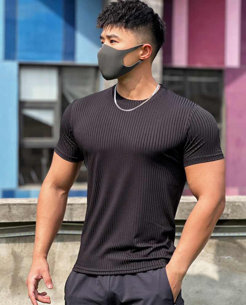 Tide brand striped solid color fitness short-sleeved men's basketball running training elastic quick-drying round neck sports T-shirt clothes