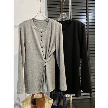 2024 Winter New Fashion Versatile Commuter Style Unique Design Solid Color Slimming Round Neck Long Sleeve T-Shirt Top Trendy