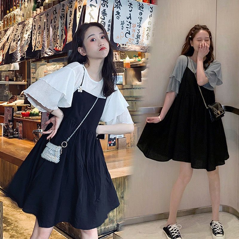 Pregnant woman's hanging band dress Two sets summer 2022 adorable foreign dress with slim, sweet and small child