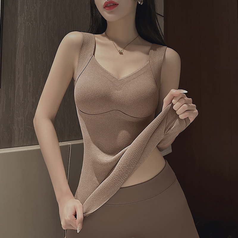 Duvet Warm Vest Women's Underwear Winter With Chest Cushion Plus Suede Thickened Inner Lap Cotton Undershirt Low Collar Autumn Blouse-Taobao