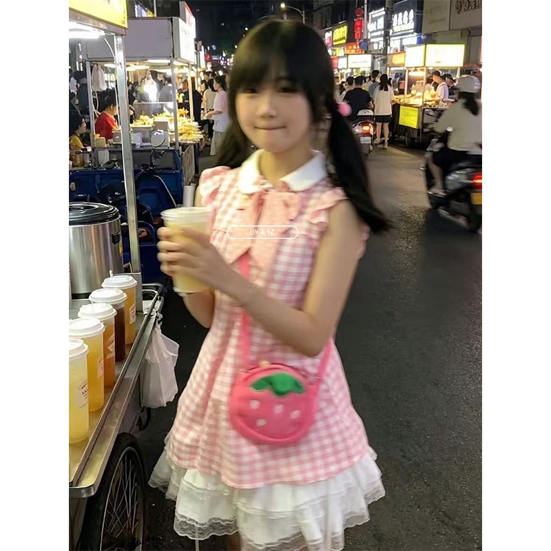 Twin-Style Flutter-Sleeve Dress, Super Cute and Fresh, Plaid Doll Collar Dress, Puffy Cake Skirt, Slimming Effect