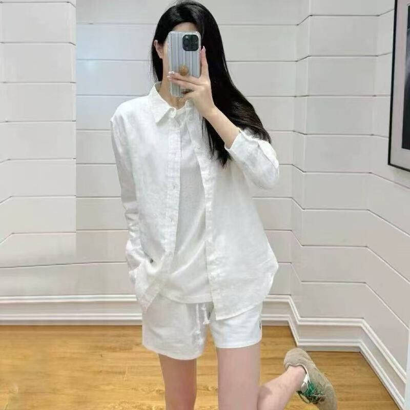 Canadian International Version Polo Collar Linen Shirt for Women, Spring and Summer, Pony Embroidery, Old Money Style, Sun Protection Cotton-Linen Shirt