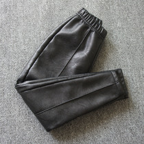 South Korea 2022 Winter girls plus suede thickened leather pants one body genuine leather CUHK child foreign air loose pants