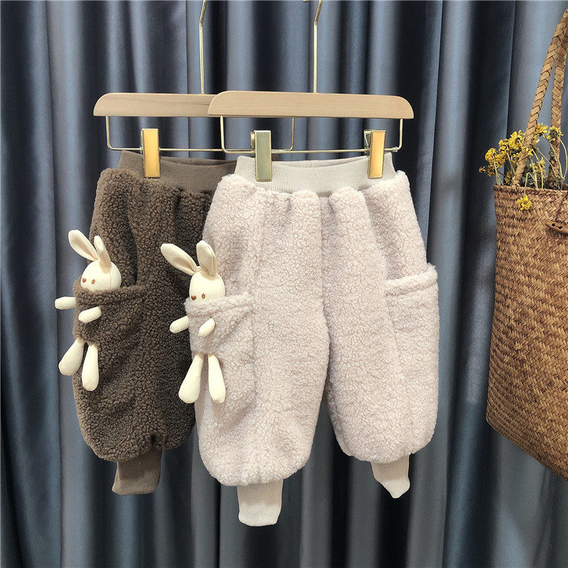 South Korea autumn and winter plus velvet thick outer wear cotton pants baby pants girls children's women's treasure winter clothes winter pants lamb velvet