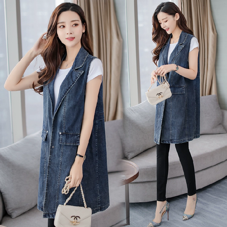 Đặc biệt chất béo cộng với size áo mùa xuân và mùa thu cổ áo vest denim 180 pounds chất béo mm nữ dài tay áo khoác vest - Áo vest