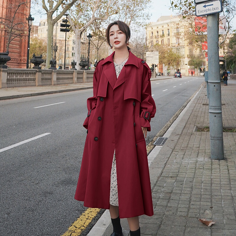 Plus Size Women's Clothing, Ancora Red Trench Coat, Long Style, 2025 Spring New Style, Slimming British Style Coat for Plus-Size Women