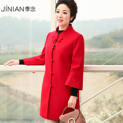 中老年女冬装羊毛呢外套中长款40岁50红色婚