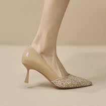 (Instant minus 20) (Heel height 7) 33-42 Glitter stitching pointed toe temperament stiletto shoes