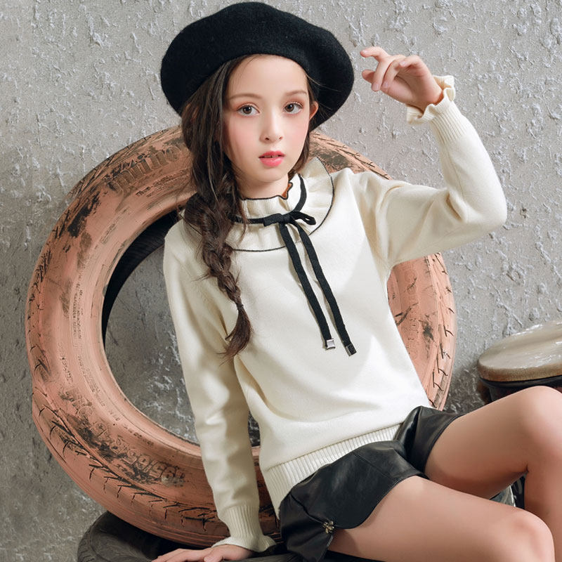 Rabbit velvet girls sweater 2022 autumn and winter new middle and big children's lotus leaf tie blouse bottoming children's sweater trend