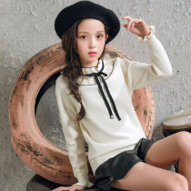 Rabbit Velvet girl sweater 2021 autumn and winter new middle school children lotus leaf collar lace-up top childrens sweater tide
