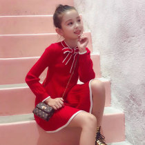 Girls dress autumn and winter red princess dress childrens New Years skirt childrens bow knitted sweater skirt