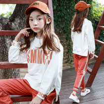 Girl set Spring suit 2021 new foreign atmosphere children leisure sports cotton stretch sweater Korean two-piece set