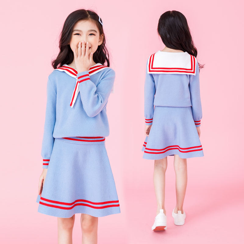 Girls' suit spring and autumn long sleeves of large children's two-piece dress stripes college wind knitting children's sweater