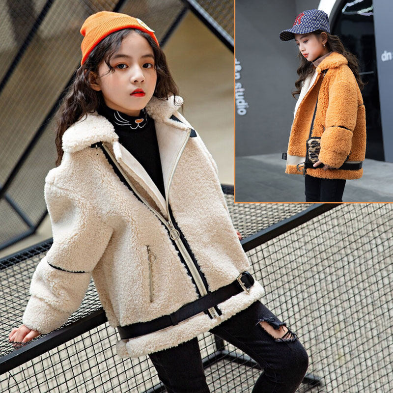 Girls Han Edition Winter New thicker-loose girls imitation lamb hair zipper coat