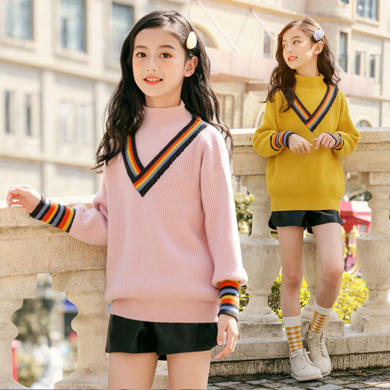 Girls' sweater autumn and winter big children's contrast color half-high collar bottoming shirt loose children's striped knitted sweater top tide