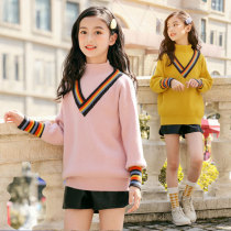 Girls Sweater Autumn and Winter Children Contrast Half-Turtleneck base shirt Loose Children Striped Knitting Shirt Top Tide