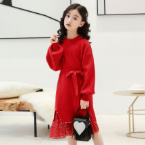 Girls set 2021 new autumn winter dress Korean version of long sweater lace skirt two-piece red dress