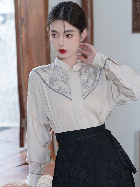 Shirt with horse-faced skirt New Chinese-style national style stand-up collar double-breasted aircraft sleeve top daily wear Han element shirt