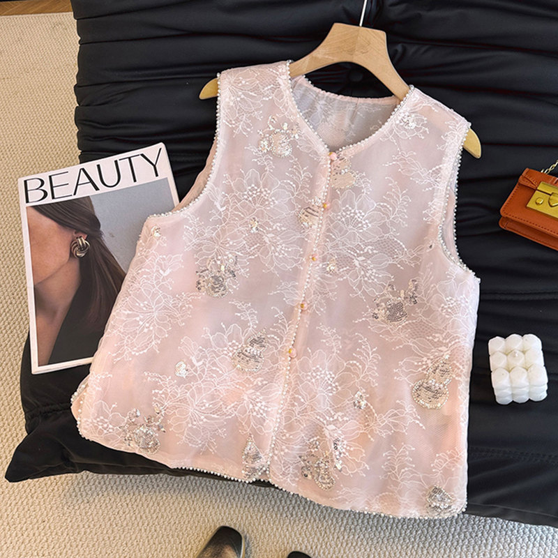 New Chinese Style Vest, Young Version, Heavy Beading, Summer Organza Lace Embroidery Vest for Women