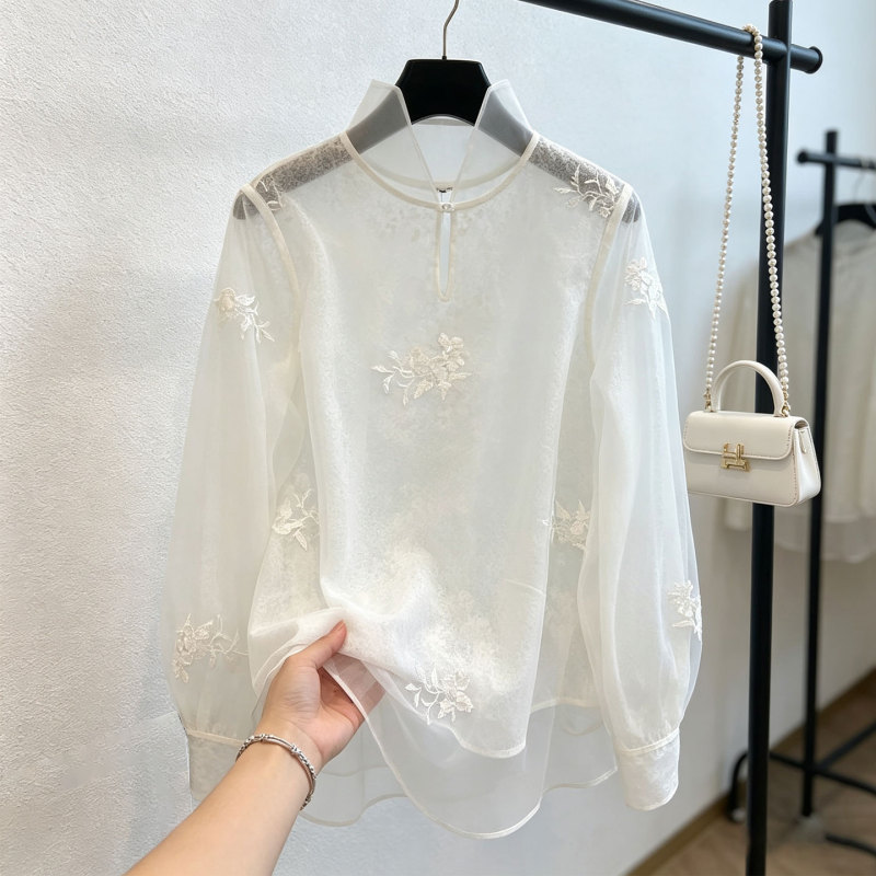 Organza Chinese-Style Top with Lace Embroidery Paired with a Vest, Women's Autumn Long-Sleeve New Chinese-Style Shirt Organza Chinese-Style Top with Lace Embroidery Paired with a Vest, Women's Autumn Long-Sleeve New Chinese-Style Shirt