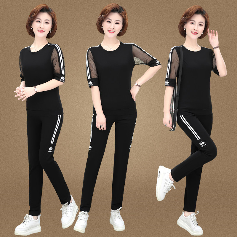 Mom summer dress 2020 new middle-aged and elderly sports suit female summer clothes middle-aged short-sleeved t-shirt two-piece