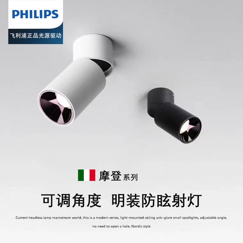 Philips Surface-Mounted Spotlights with Adjustable Angles, Anti-Glare Wall Washers for Restaurants, Round Ceiling-Mounted Foldable Rotating Picture Lights