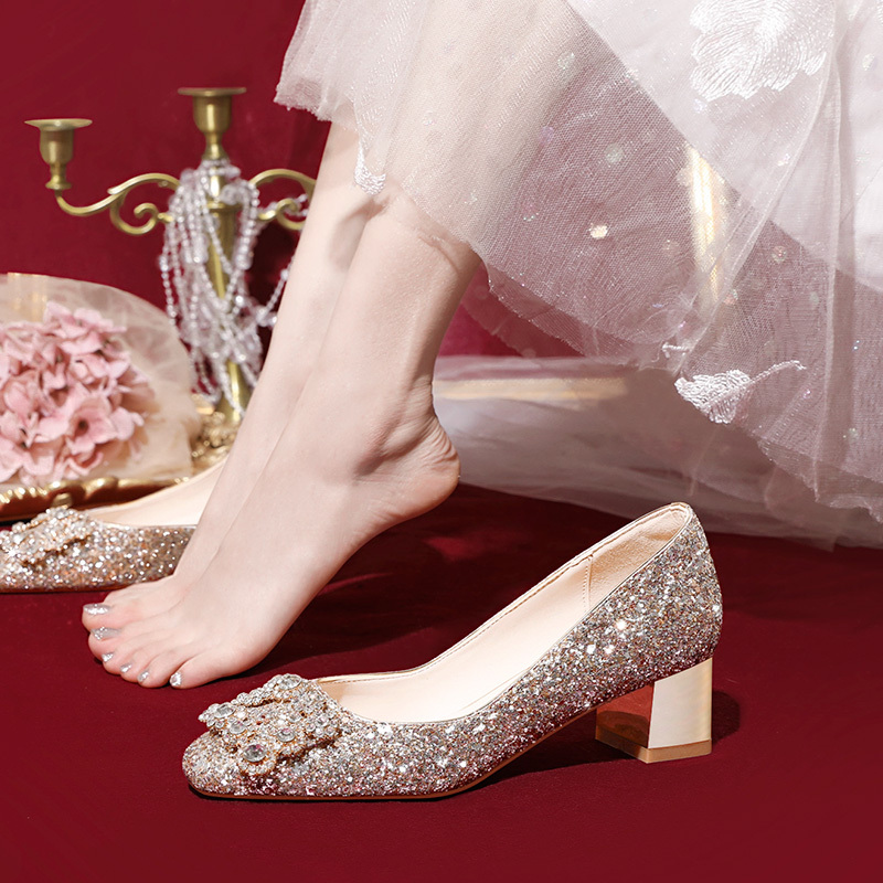 2026 New Style Wedding High Heels, Chunky Heel, Rhinestone Wedding Shoes, Women's Bridal Shoes, Dual-Wear, Comfortable for Pregnant Women