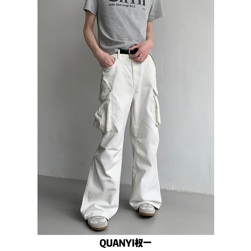 Quan Yi Korean Style Niche Design Washed Large Pocket Jeans for Men High-Waisted Straight-Leg ins Wide-Leg Paratrooper Pants