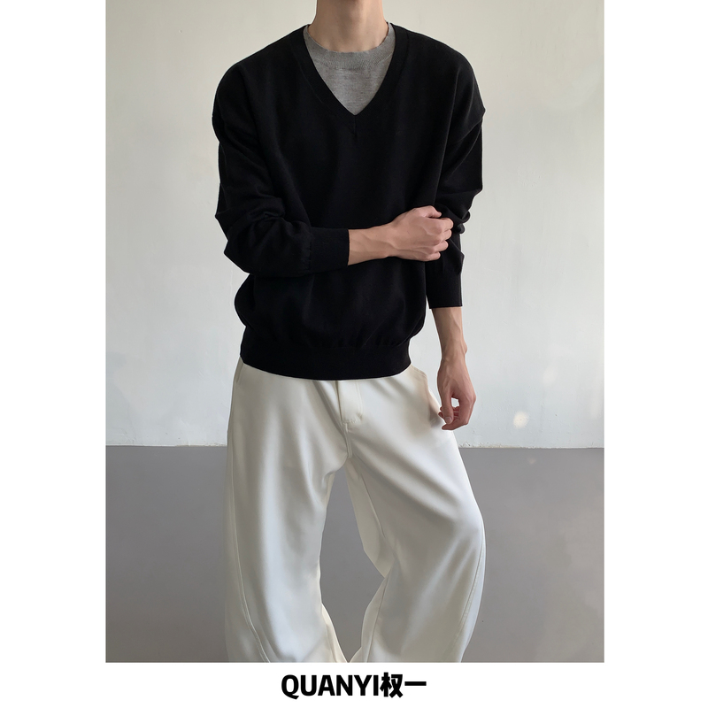 Quan Yi Lazy Holiday Winter Thick Knitted Fake Two-Piece V-Neck Sweater Men's Knitwear Niche Long-Sleeve Top Quan Yi Lazy Holiday Winter Thick Knitted Fake Two-Piece V-Neck Sweater Men's Knitwear Niche Long-Sleeve Top