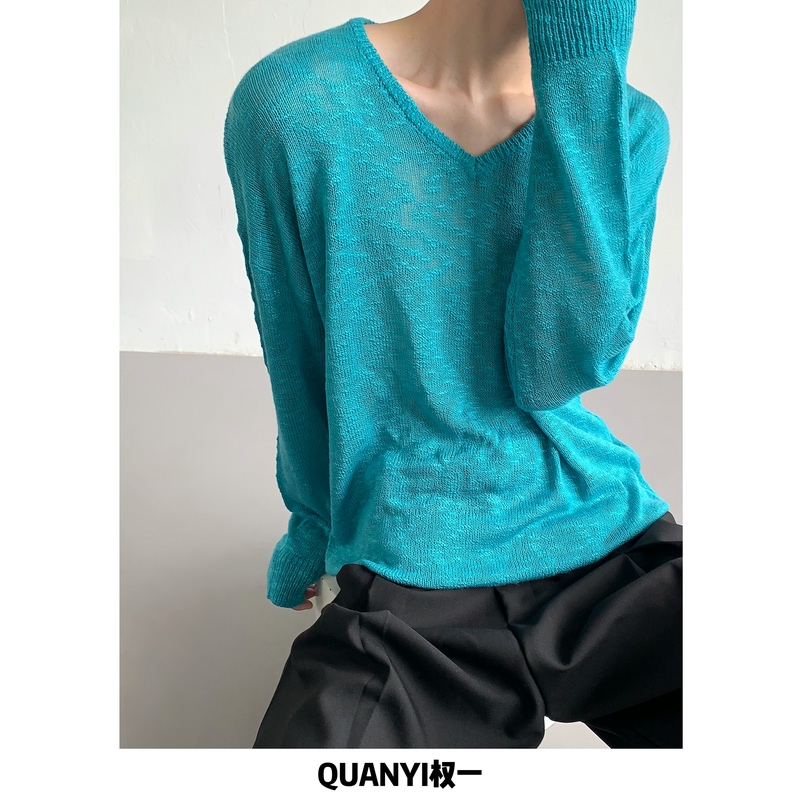 Quan Yi Green Woven Autumn Sweater, Lazy V-Neck Knitwear for Men, Unique Design, Soft and Cozy Knit Top, Long Sleeve for Women ins